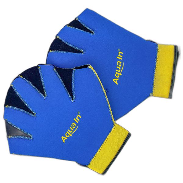 Das Bild zeigt blaue Aqua-Handschuhe mit gelben Rand und gelber Aufschrift, AQUA IN, vor weißem Hintergrund. Aqua-Handschuhe dienen als Trainingsgerät für Aquajogging.